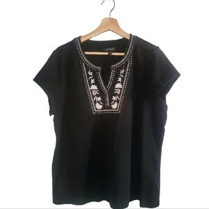 TALBOTS Black Embroidered Tunic with White Floral Detail - Size XL